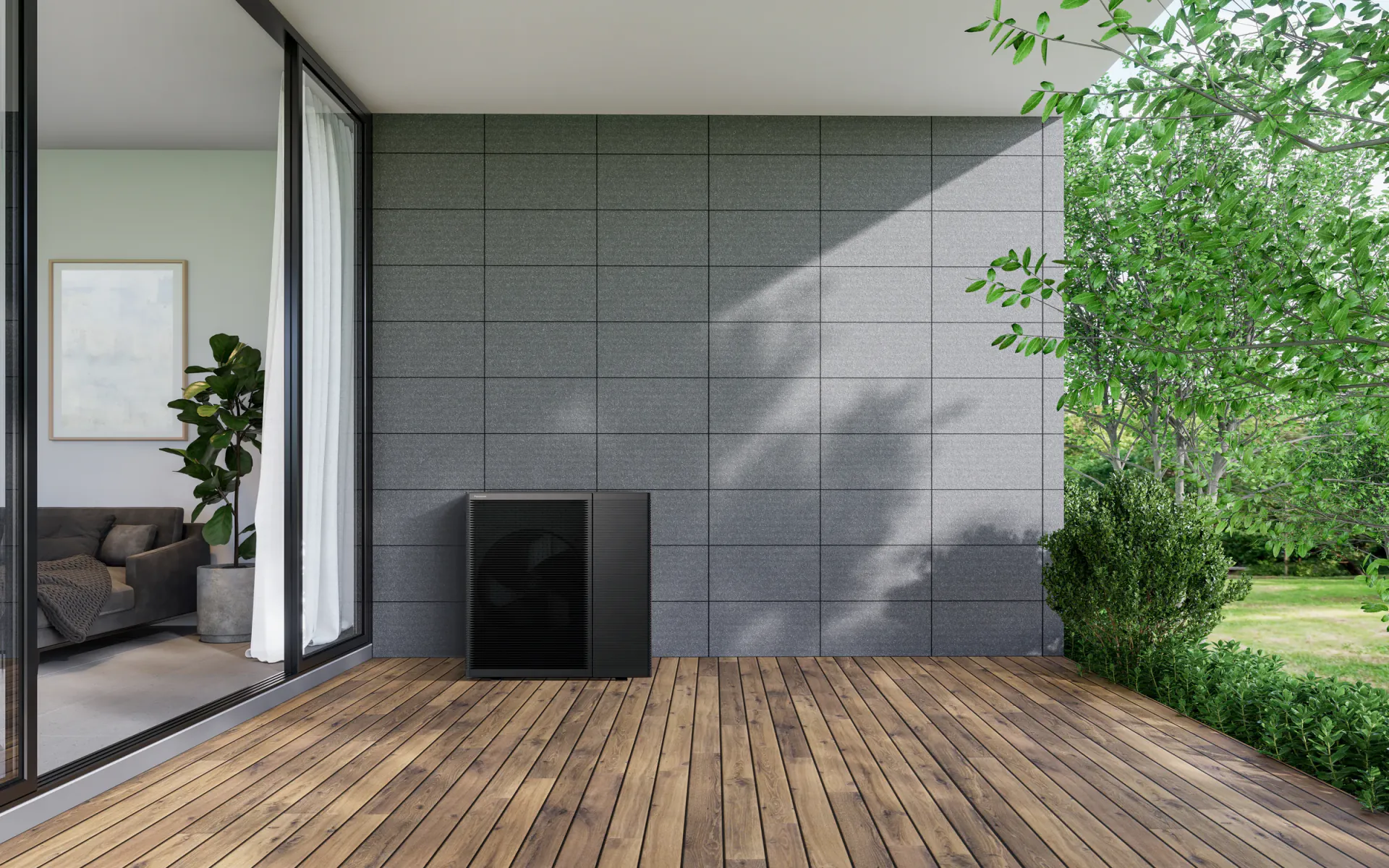 Panasonic Aquarea Wärmepumpe auf einer geschützten Terrasse am Wohngebäude
